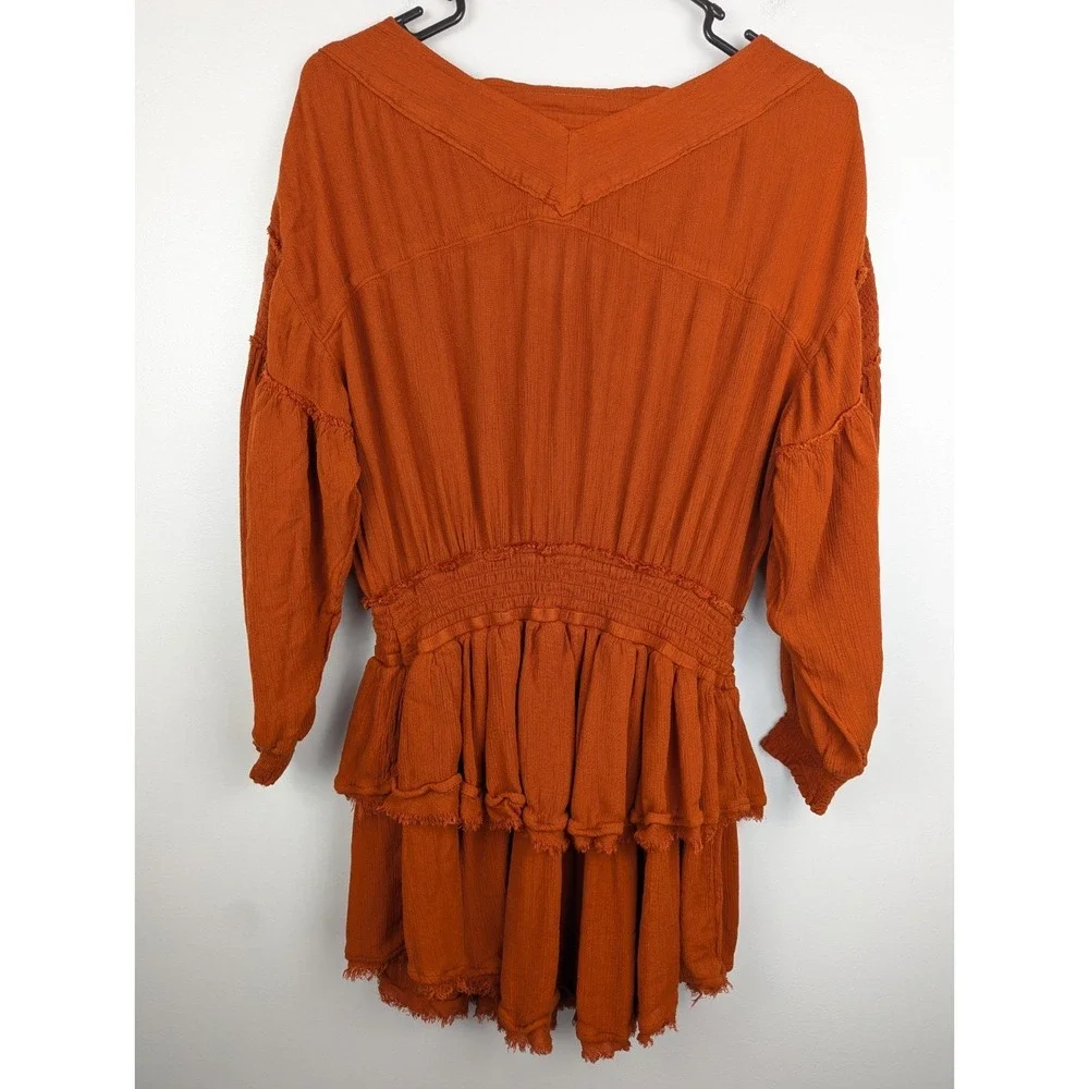 Free People Womens Romy Mini Dress XS Smocked Ruffle Tiered Orange Boho Festival